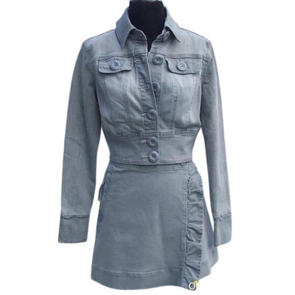 Cache Blue Gray Denim Wrap Ruched Skirt Off Set Side Zip Pull Stretch $98 NWT - Picture 2 of 4